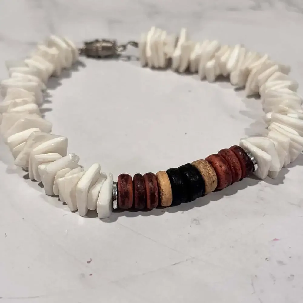 Handmade White Puka Shell Chip and Wood Bead Surfer Bracelet